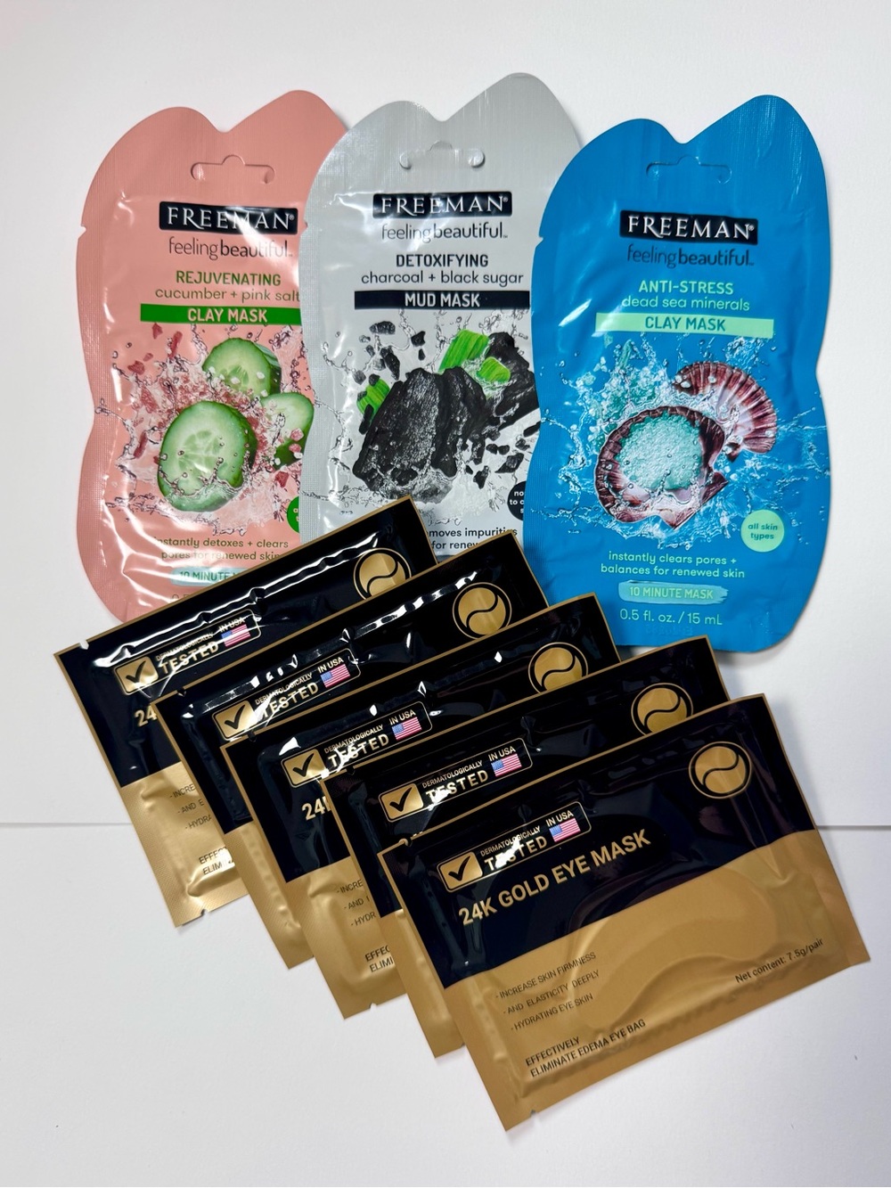 Freeman Clay Mask Trio & 24K Gold Eye Masks Qty 5 - NEW